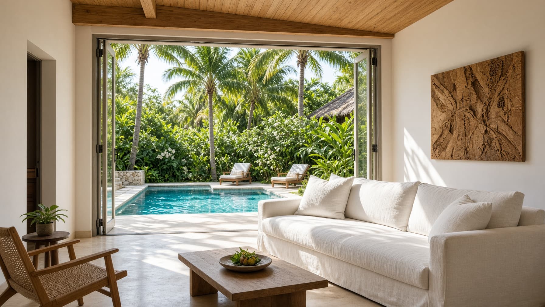 Source concept image: a cream living room opening onto a garden and rectangular pool